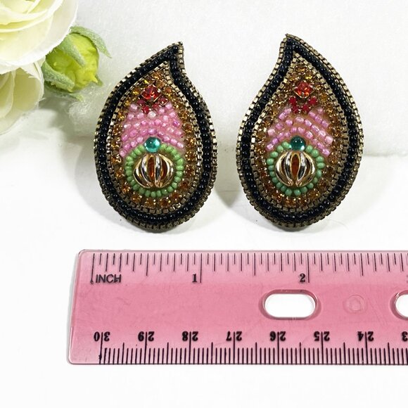 VINTAGE M & J HANSEN DESIGN Pink Green Beaded Clip-On Earrings Signed - Picture 4 of 8